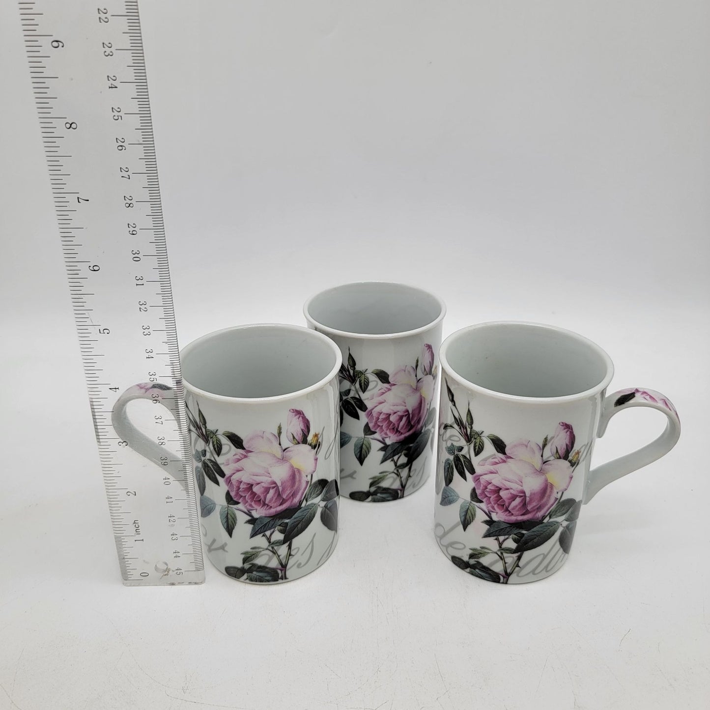 Set Of 3 Baum Porcelain Floral Mugs With Pink & Green Rose Design
