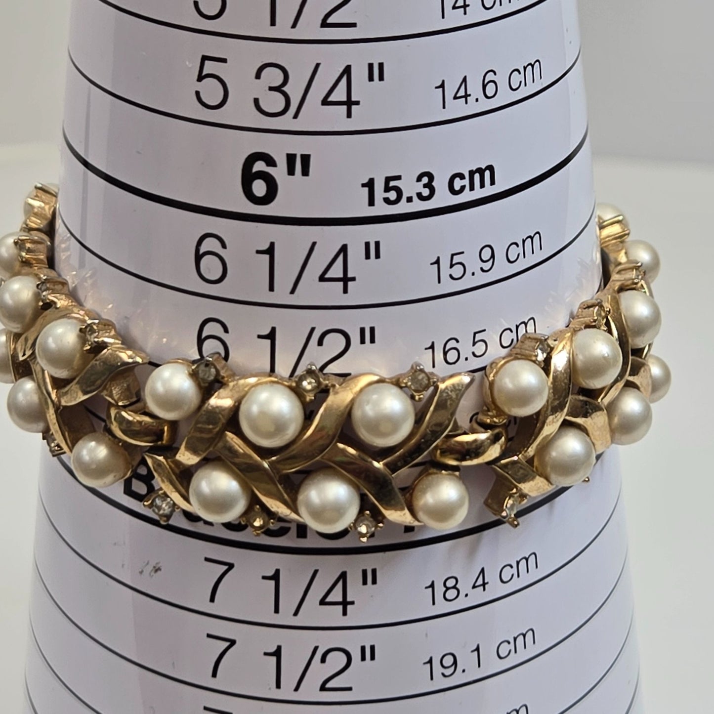 Vintage Crown Trifari Faux Pearl Rhinestone Bracelet 6.75" AS FOUND