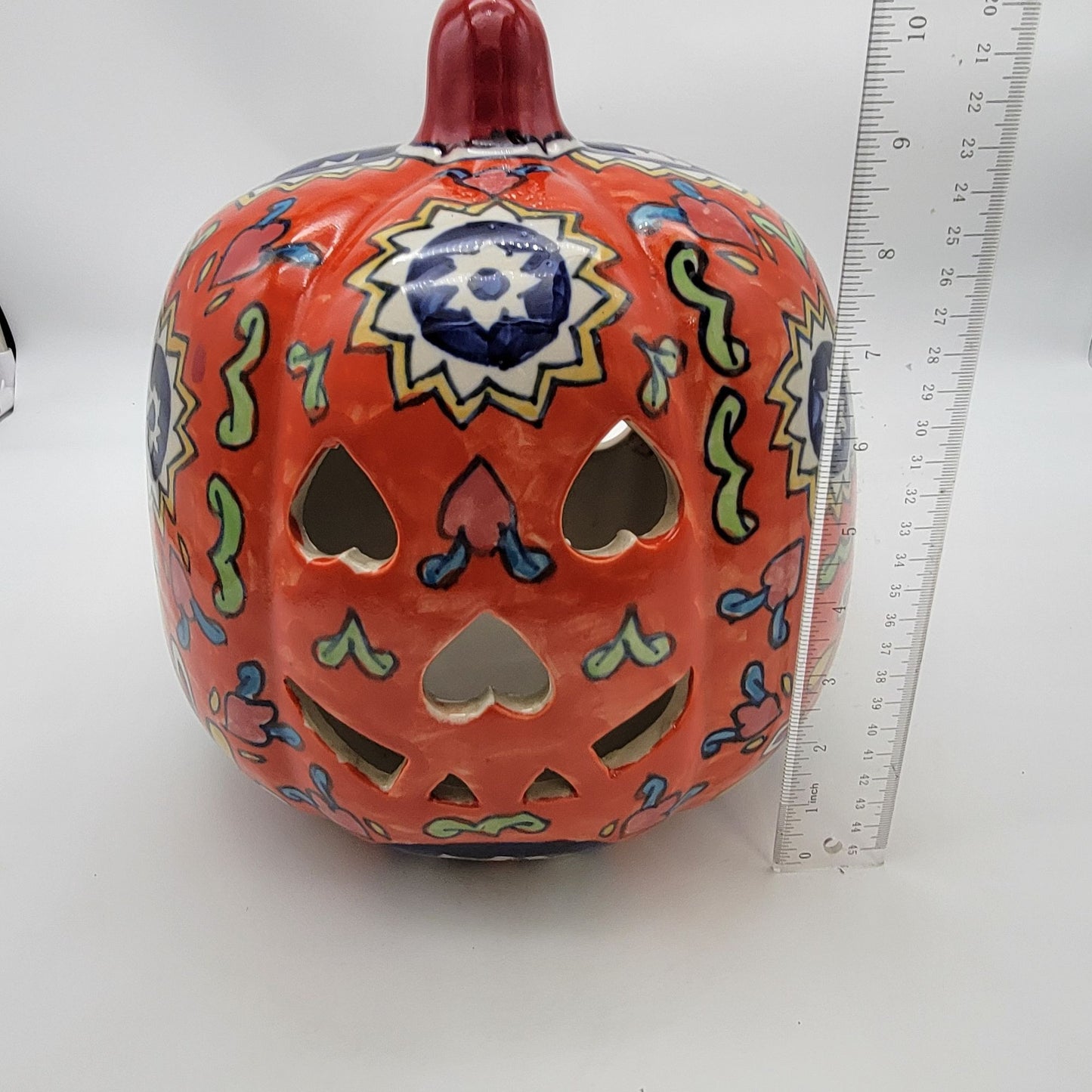 Extra Large Pumpkin Candle Holder Talavera Style Jack O Lantern 11"