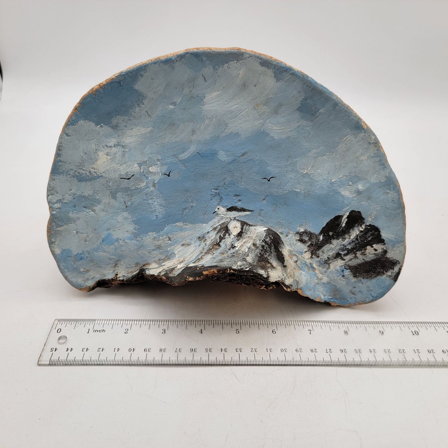 Hand-Painted Seagull Ocean Scene On Natural Fomes Mushroom Shelf Art Decor
