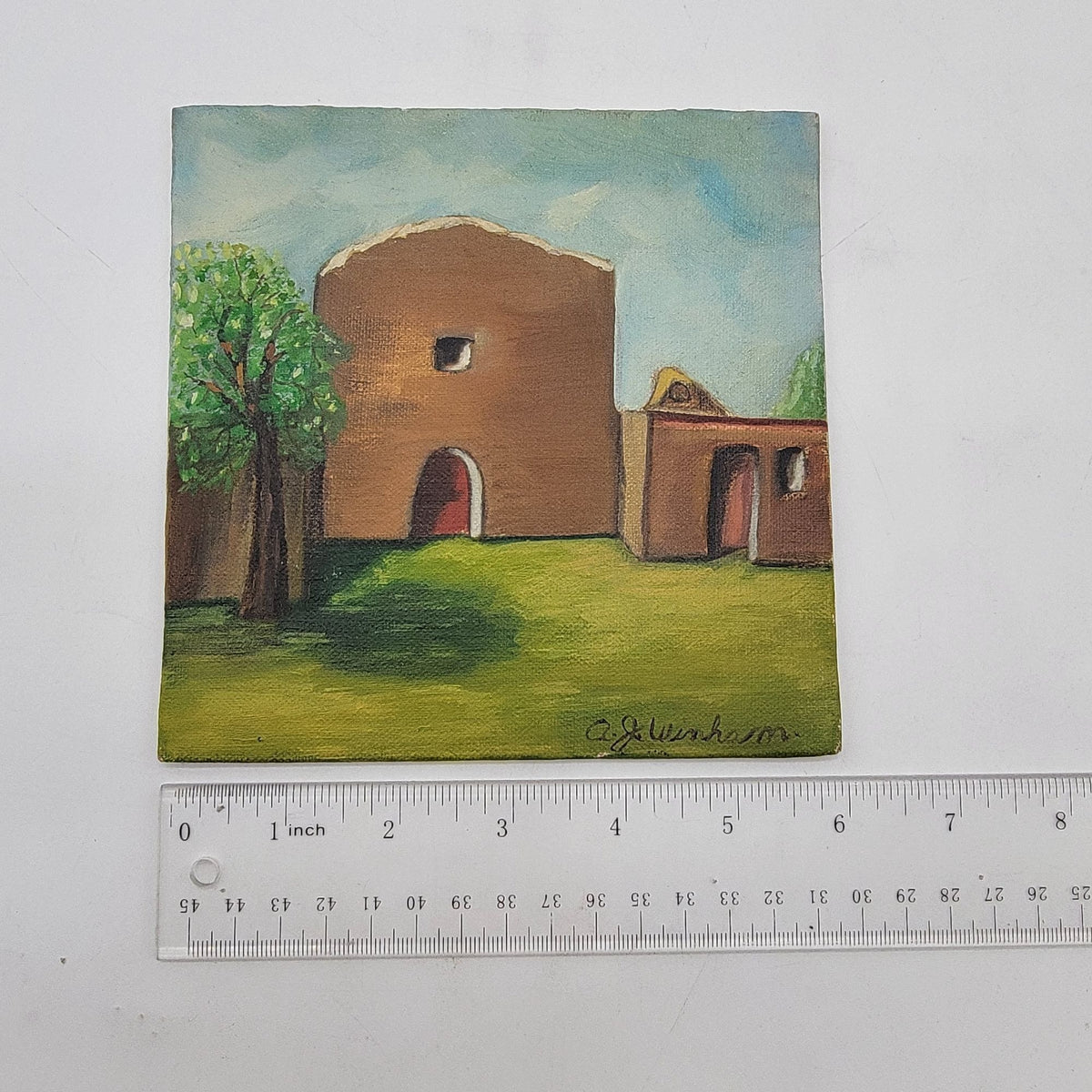 Vintage Adobe Spanish Mission Church Original Painting On Board A.J. Winham