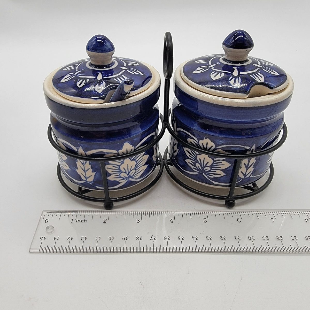 Vintage Blue & White Floral Condiment Jar Set