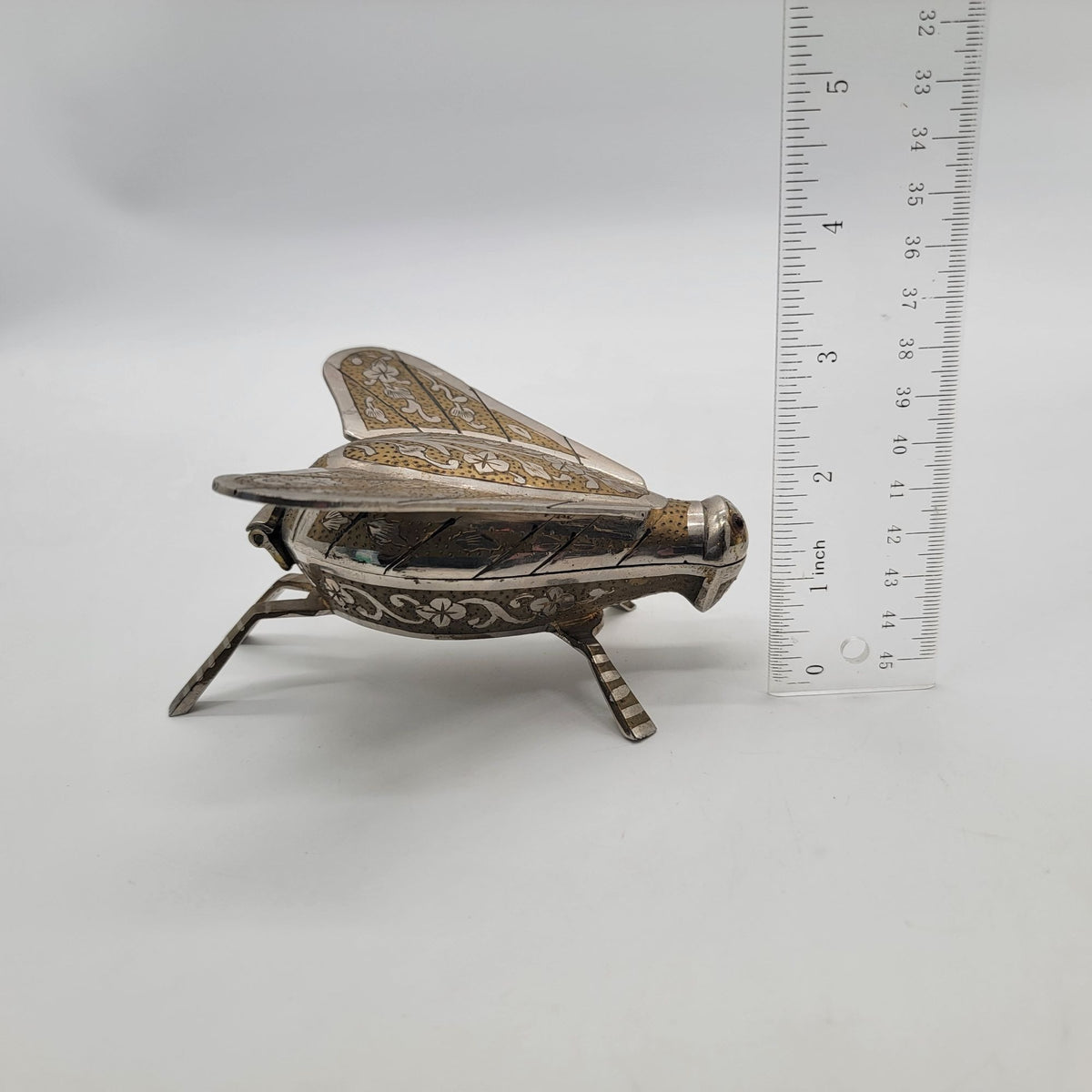 1960s Cicada Fly Musical Box Ashtray Engraved Brass and Silver Plate