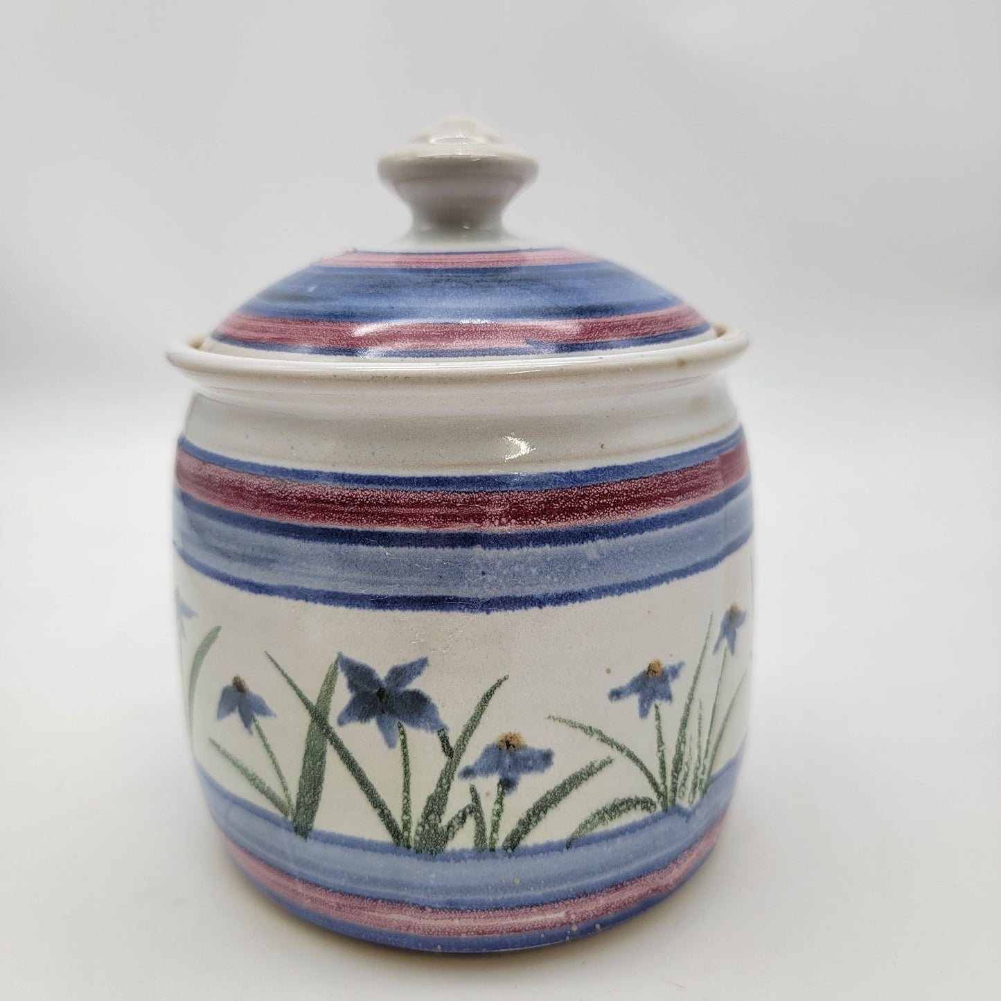 Handcrafted Pottery Lidded Jar With Floral & Striped Design