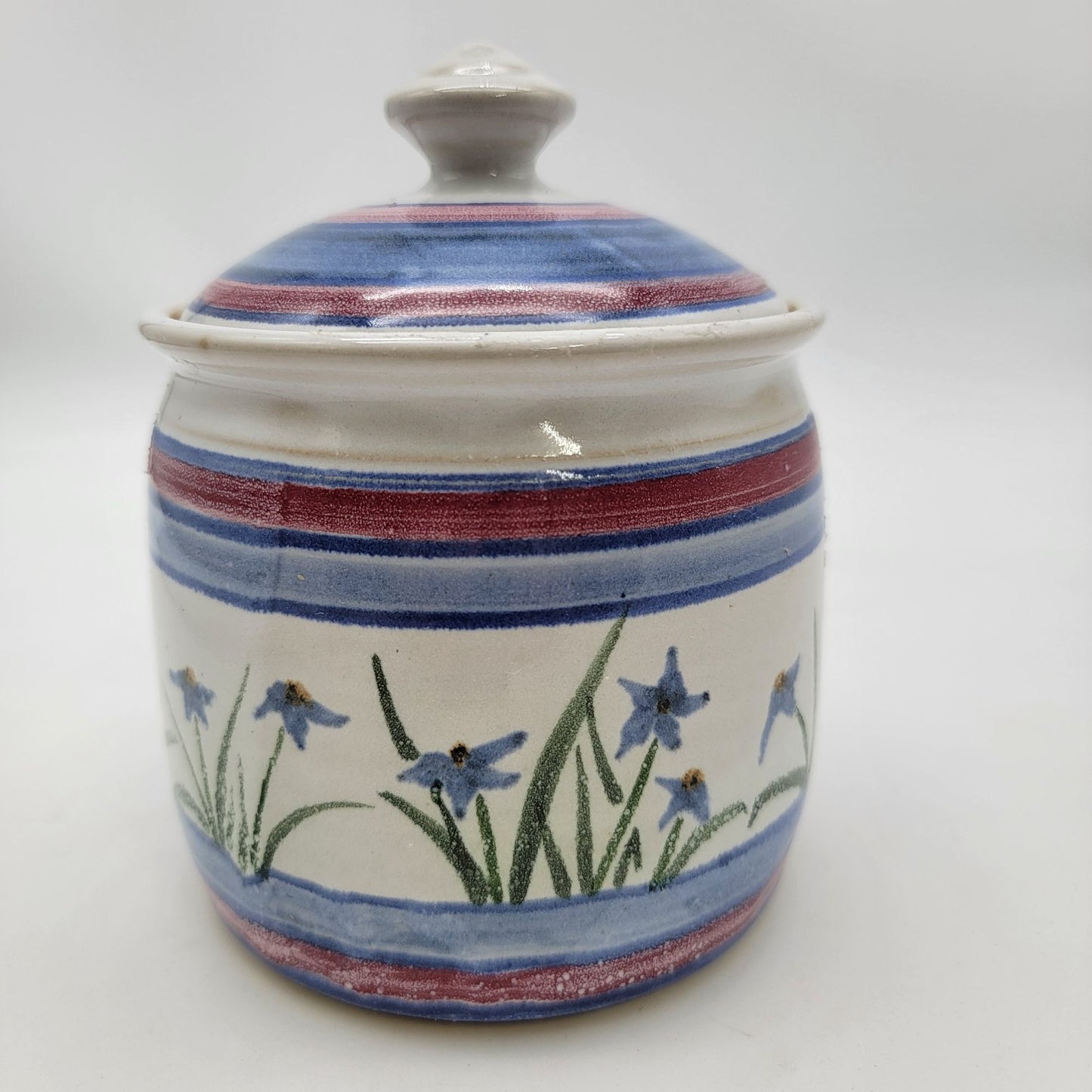 Handcrafted Pottery Lidded Jar With Floral & Striped Design