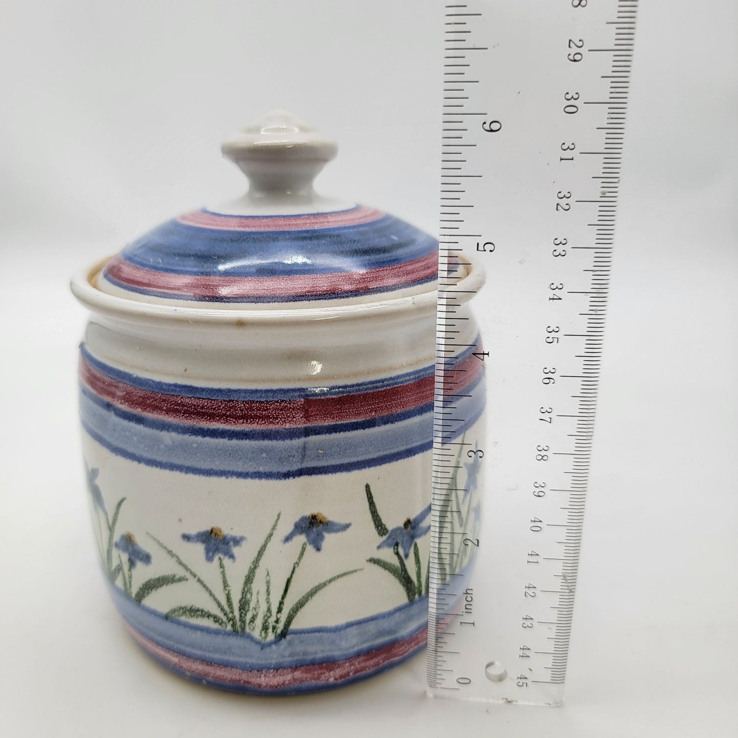 Handcrafted Pottery Lidded Jar With Floral & Striped Design