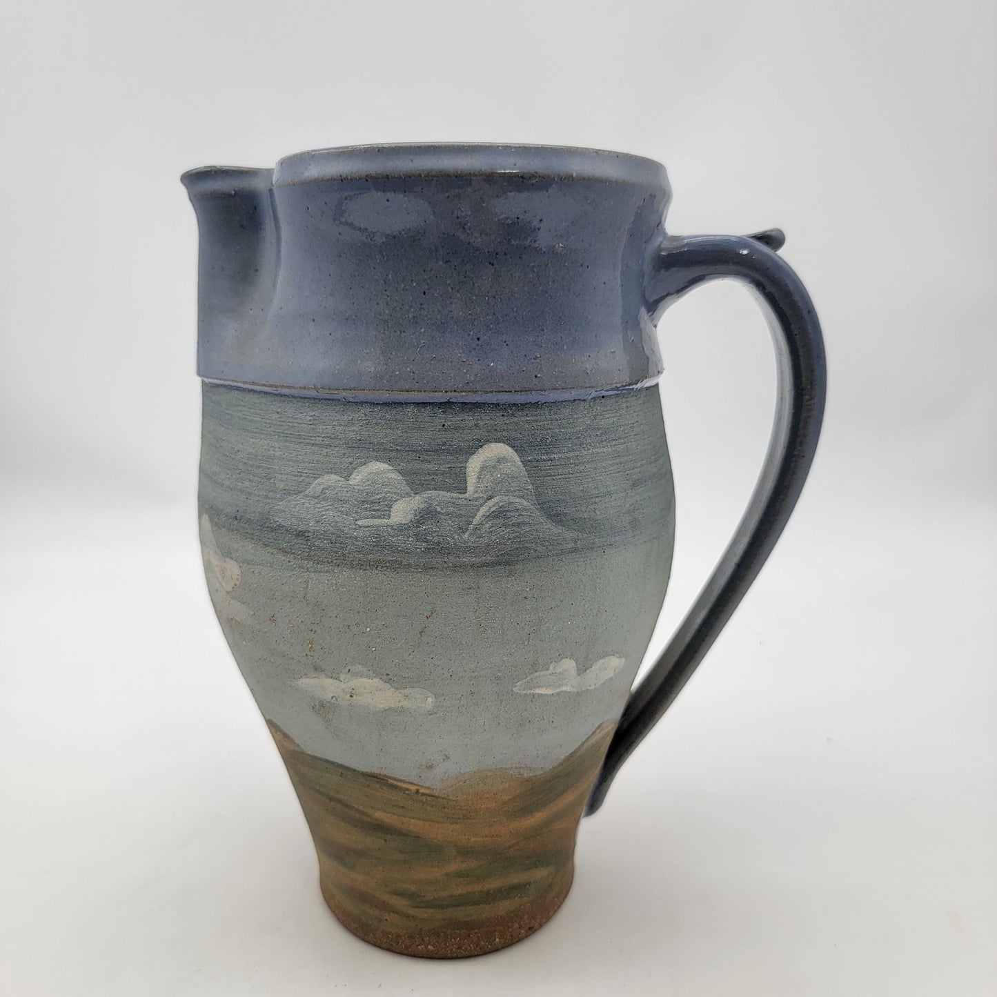 Vintage Handcrafted Pottery Pitcher With Scenic Landscape Design Signed G Tyson