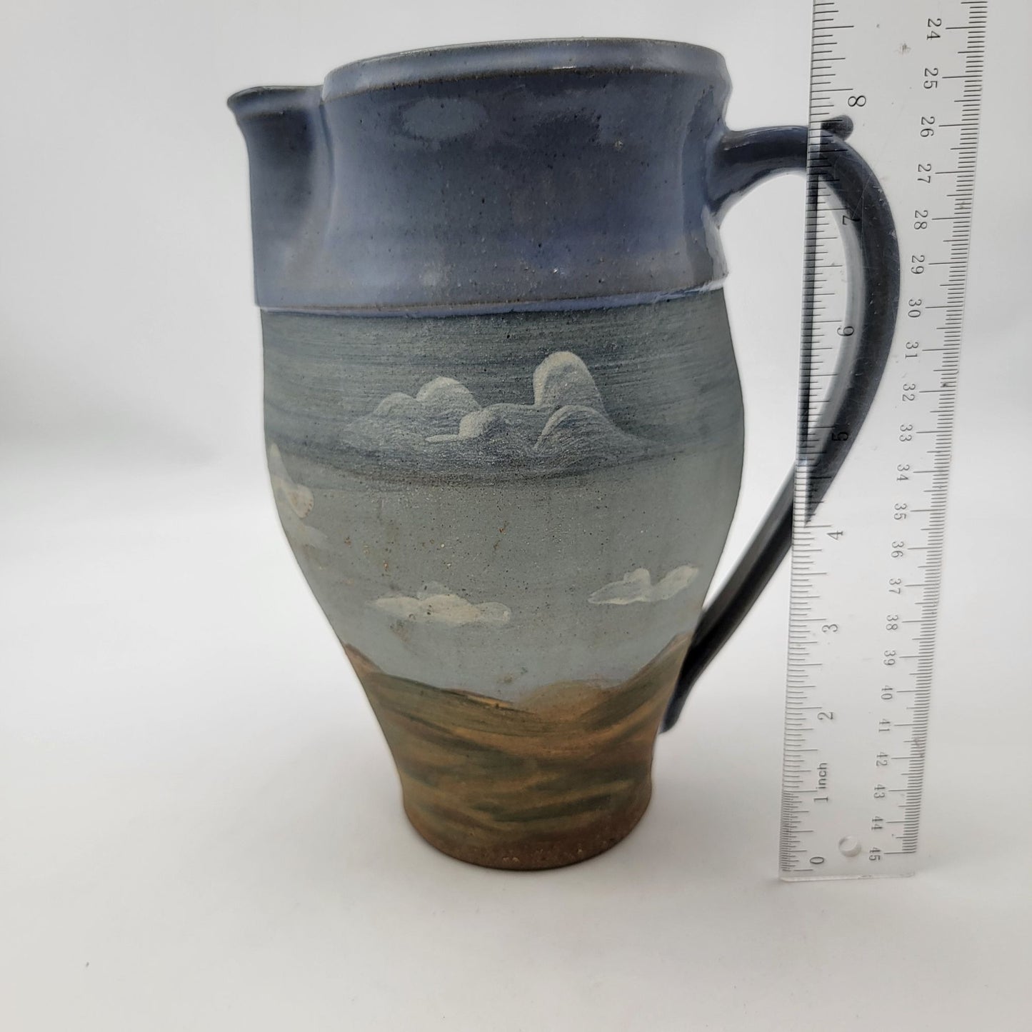 Vintage Handcrafted Pottery Pitcher With Scenic Landscape Design Signed G Tyson