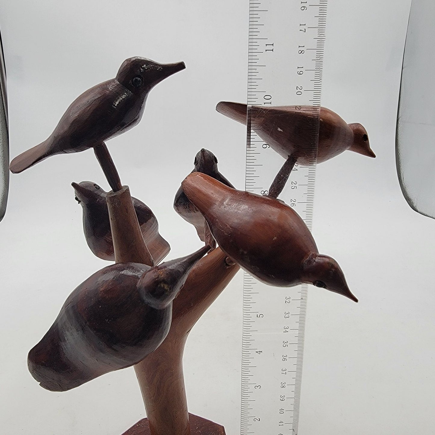 Vintage MCM Hand Carved Wood Sculpture 5 Birds On Tree Limb