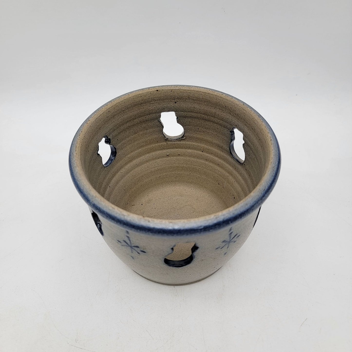 Vintage Rowe Pottery Round Candle Holder With Snowman and Snowflake Design
