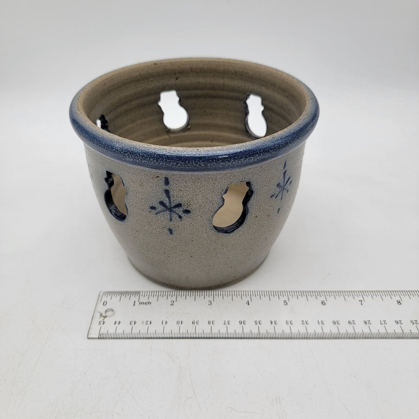 Vintage Rowe Pottery Round Candle Holder With Snowman and Snowflake Design