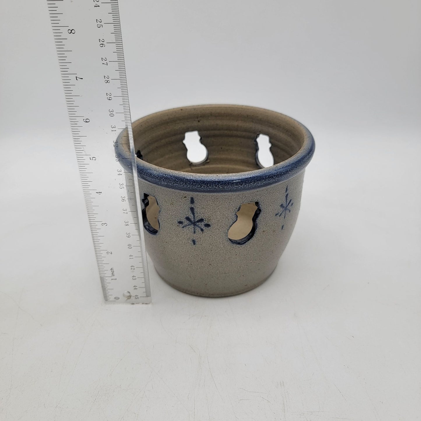 Vintage Rowe Pottery Round Candle Holder With Snowman and Snowflake Design