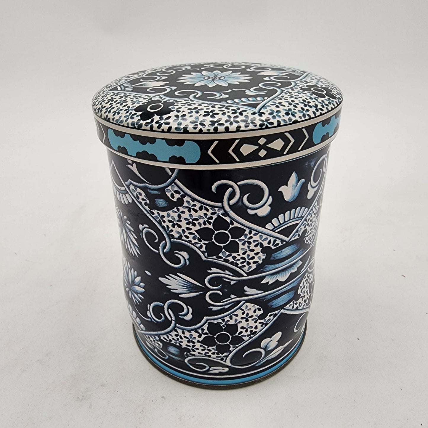 Daher England Vintage Cylinder Tin Tea Box With Lid Dark Blue Floral Design