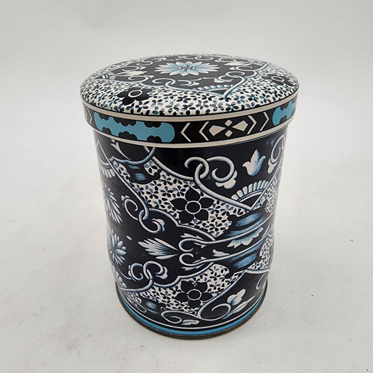 Daher England Vintage Cylinder Tin Tea Box With Lid Dark Blue Floral Design