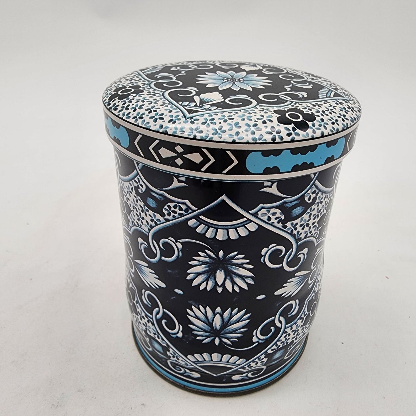 Daher England Vintage Cylinder Tin Tea Box With Lid Dark Blue Floral Design