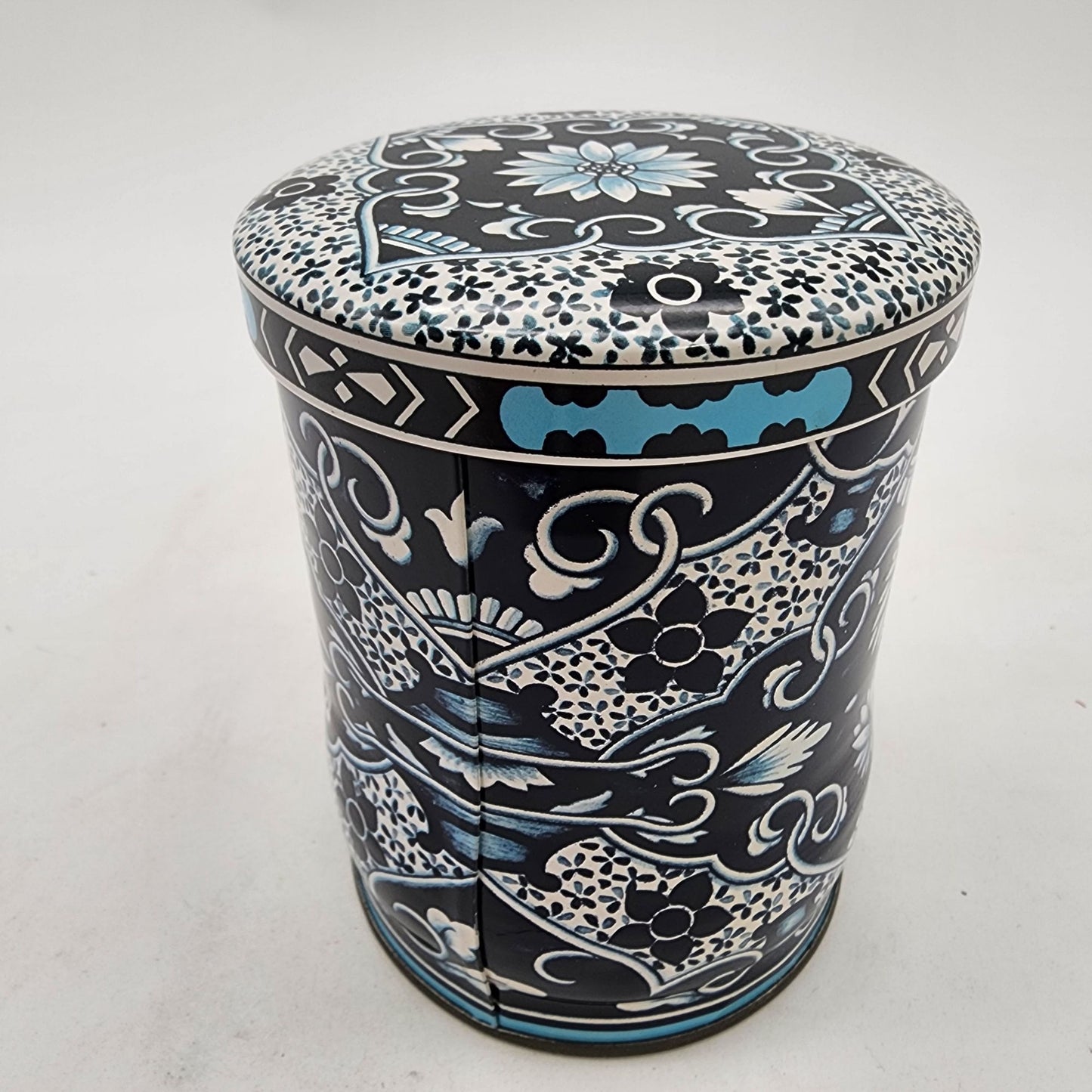 Daher England Vintage Cylinder Tin Tea Box With Lid Dark Blue Floral Design