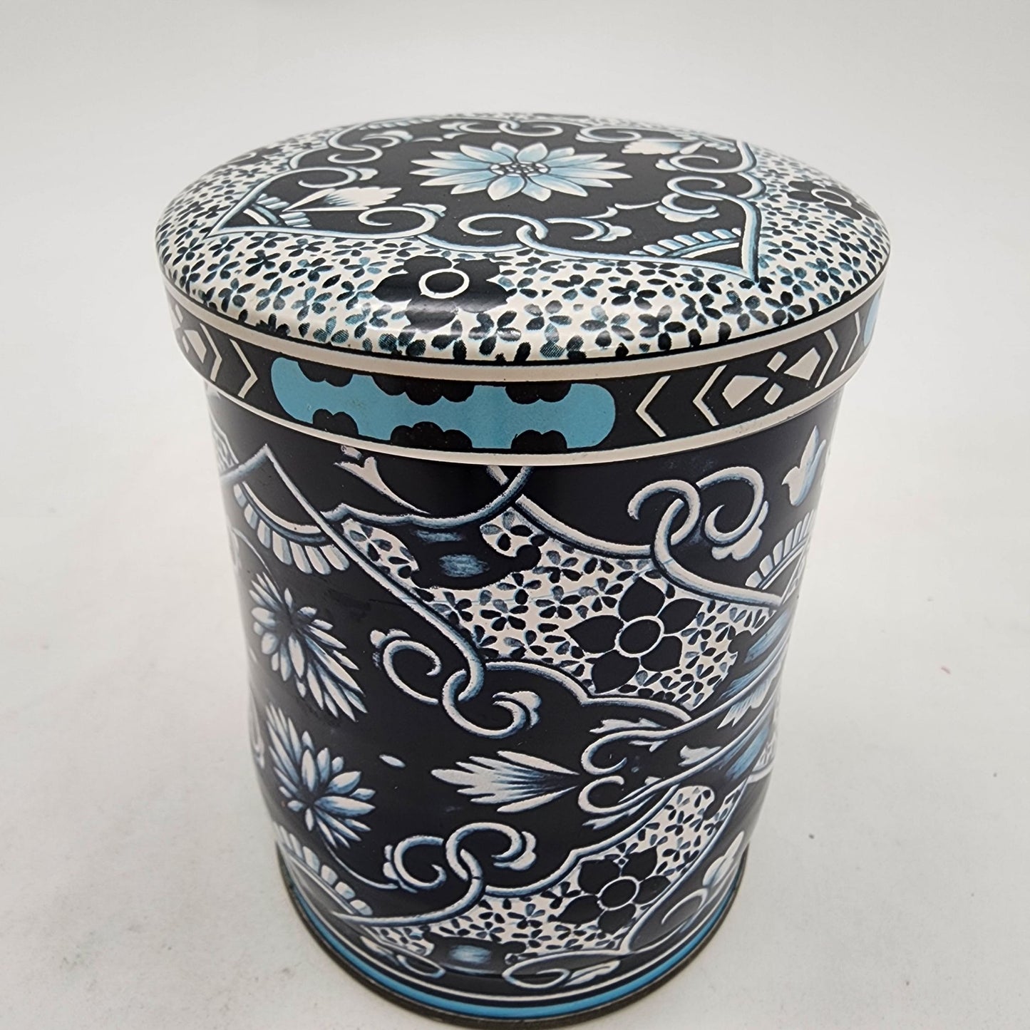 Daher England Vintage Cylinder Tin Tea Box With Lid Dark Blue Floral Design
