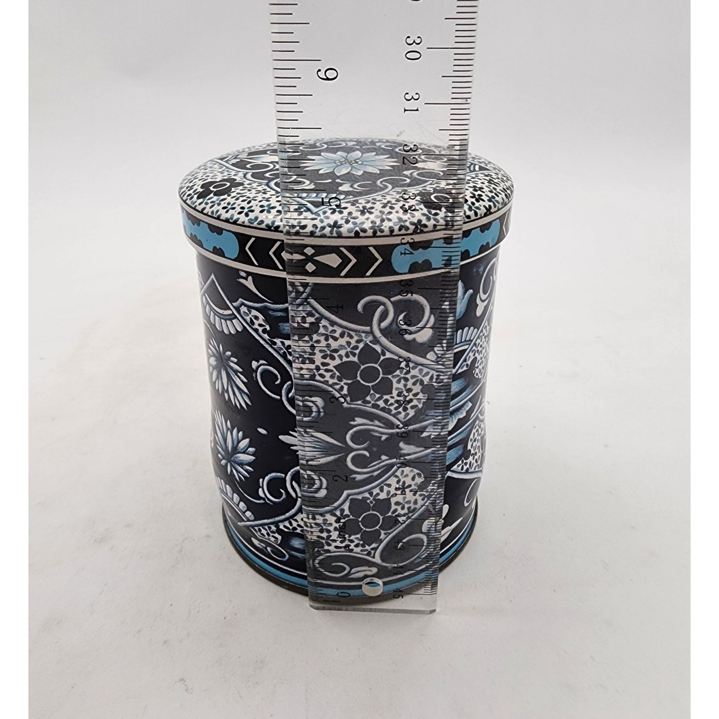 Daher England Vintage Cylinder Tin Tea Box With Lid Dark Blue Floral Design