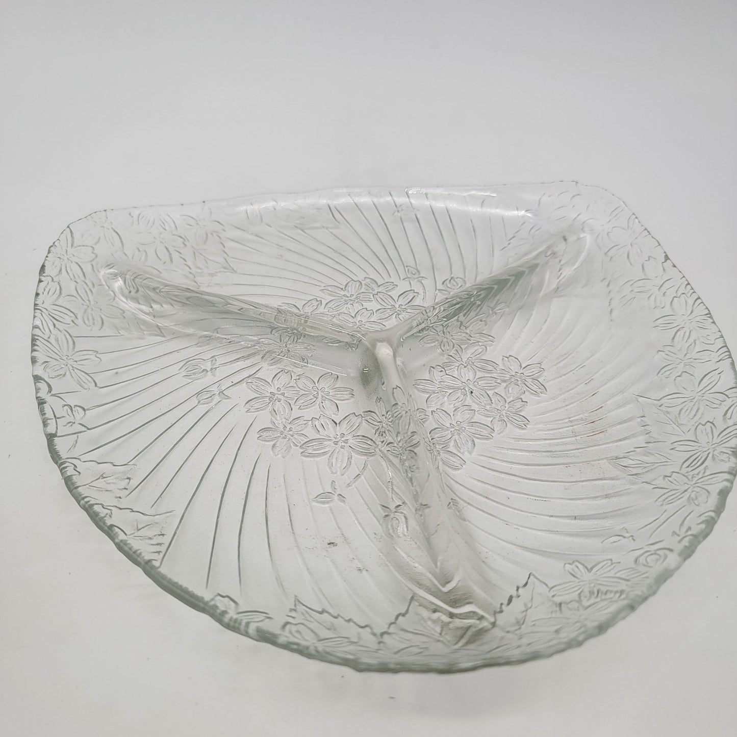 Vintage 1980 Grandeur Glass Divided Serving Dish With Floral Pattern