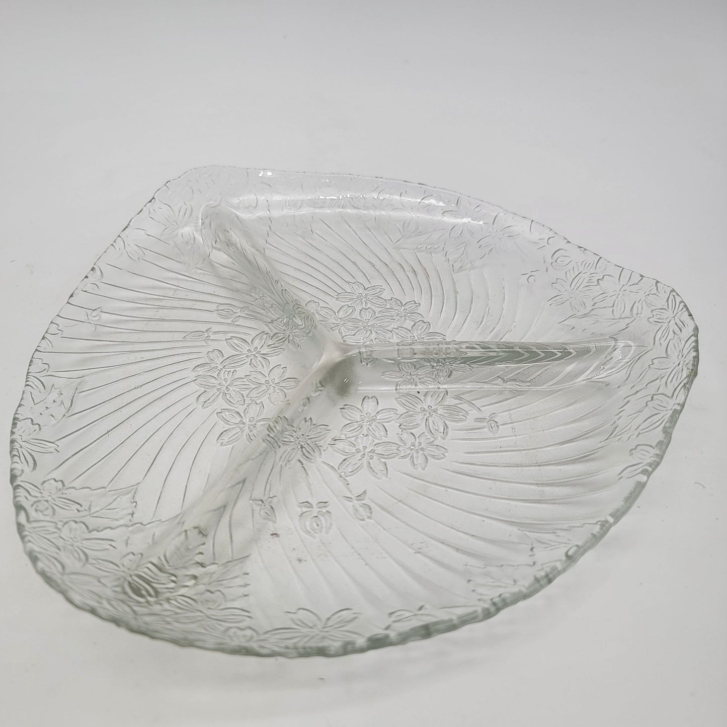 Vintage 1980 Grandeur Glass Divided Serving Dish With Floral Pattern