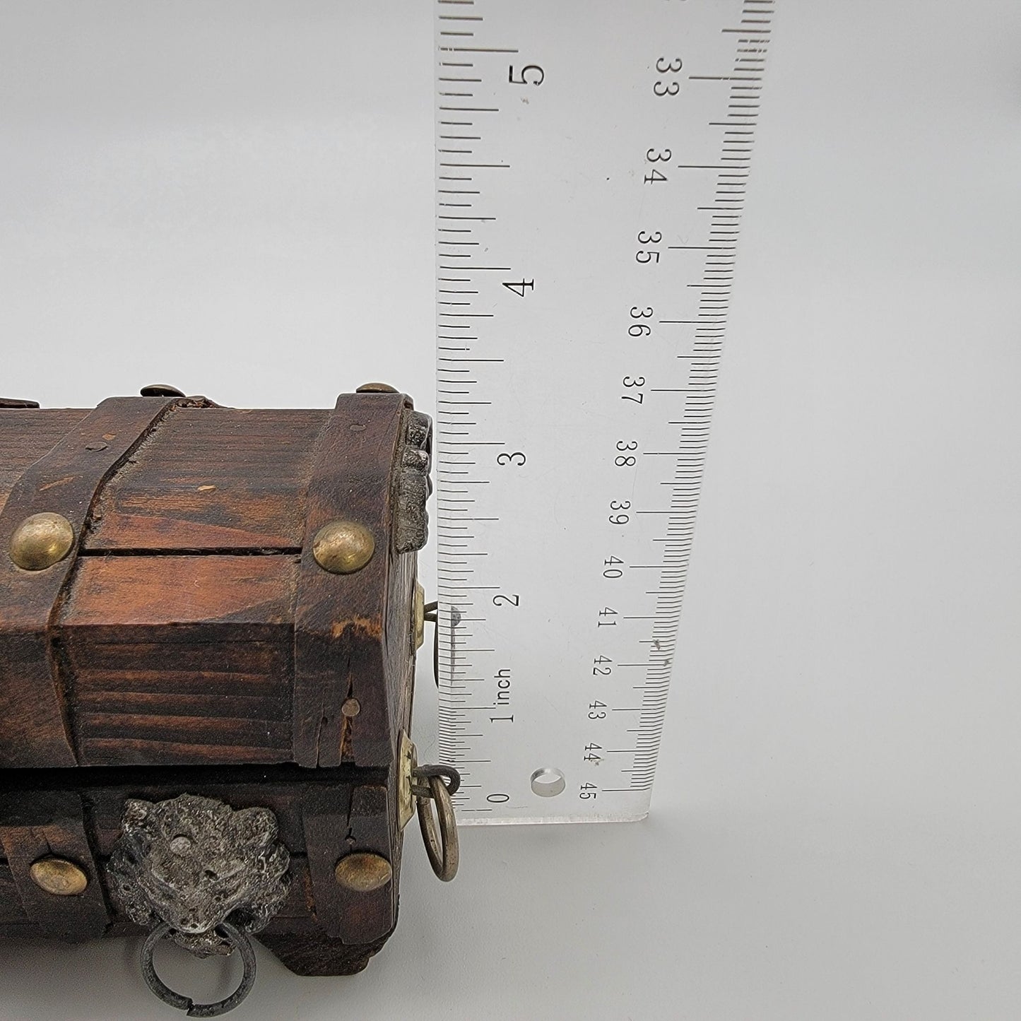 Vintage Wooden Treasure Chest Box With Ornate Lion Head Handles & Metal Accents