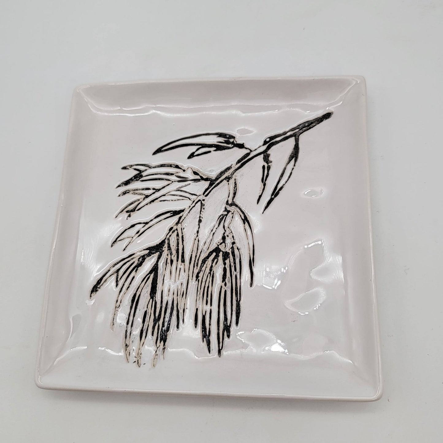 Square Ceramic Dish With Black Botanical Design On White Glaze