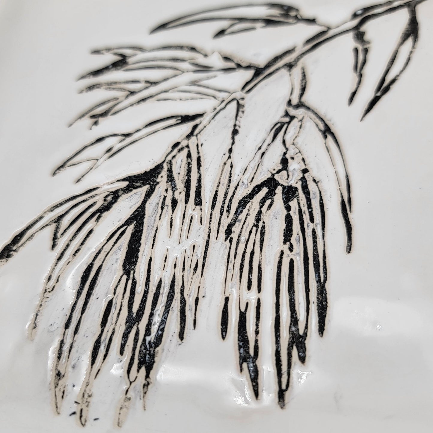 Square Ceramic Dish With Black Botanical Design On White Glaze