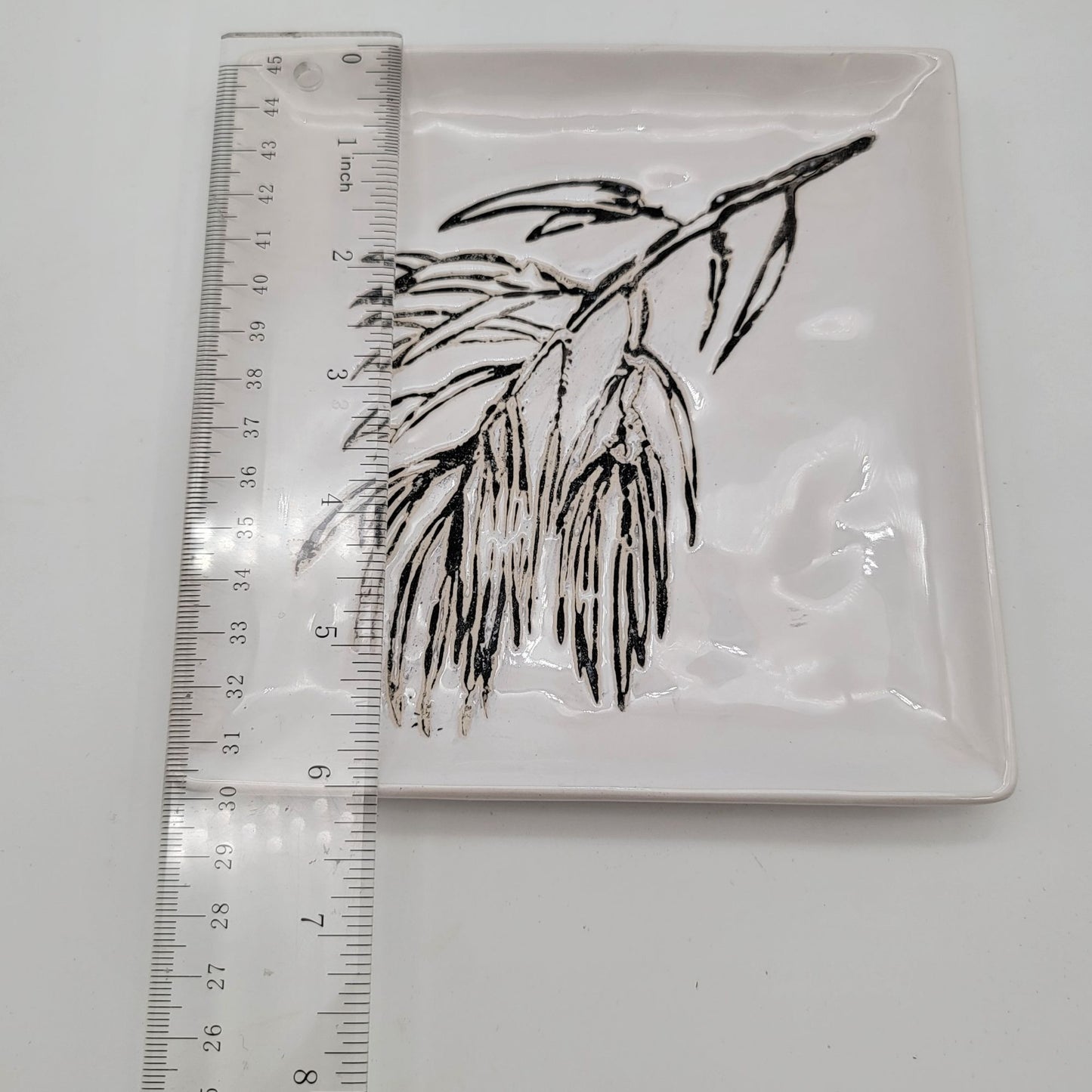 Square Ceramic Dish With Black Botanical Design On White Glaze