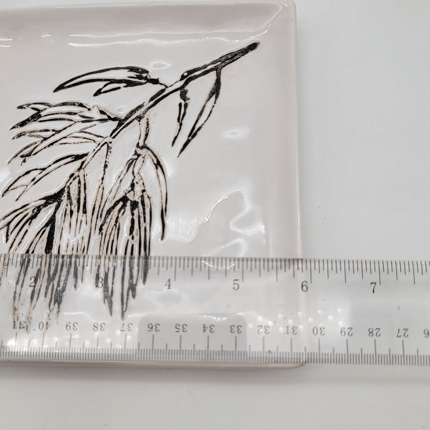 Square Ceramic Dish With Black Botanical Design On White Glaze