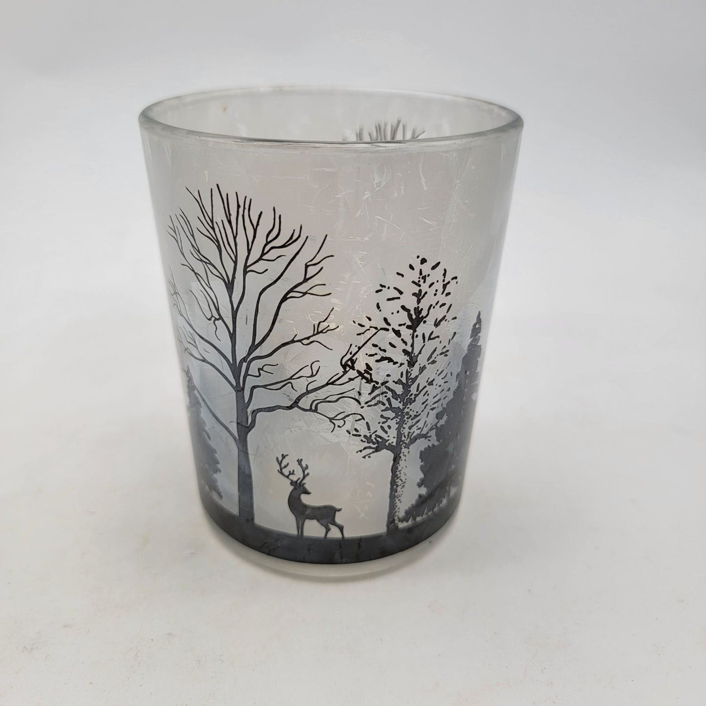 Frosted Etched Glass Candle Holder With Forest Scene