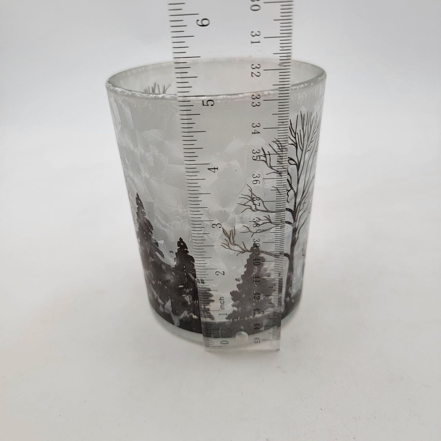 Frosted Etched Glass Candle Holder With Forest Scene