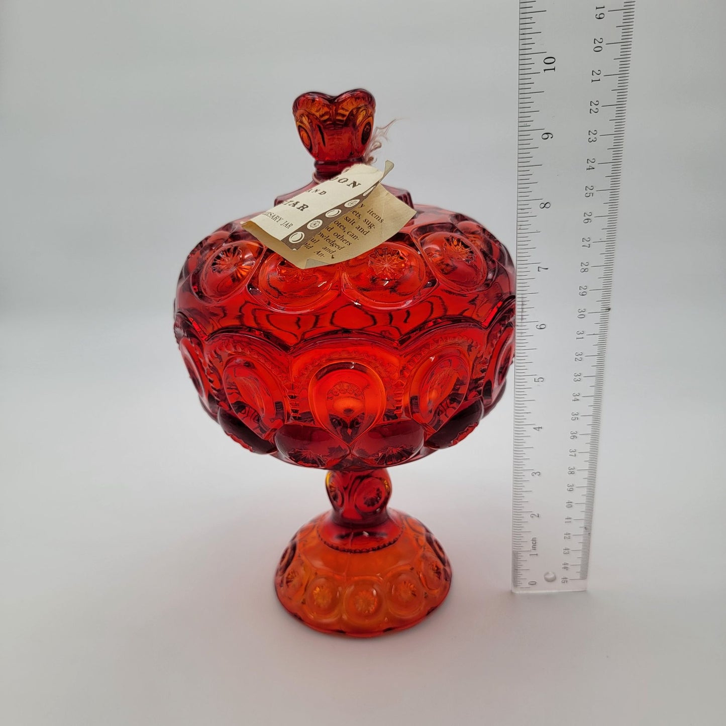 Vintage L.E. Smith Moon & Star Amberina Anniversary Jar Lidded Compote With Original Tag