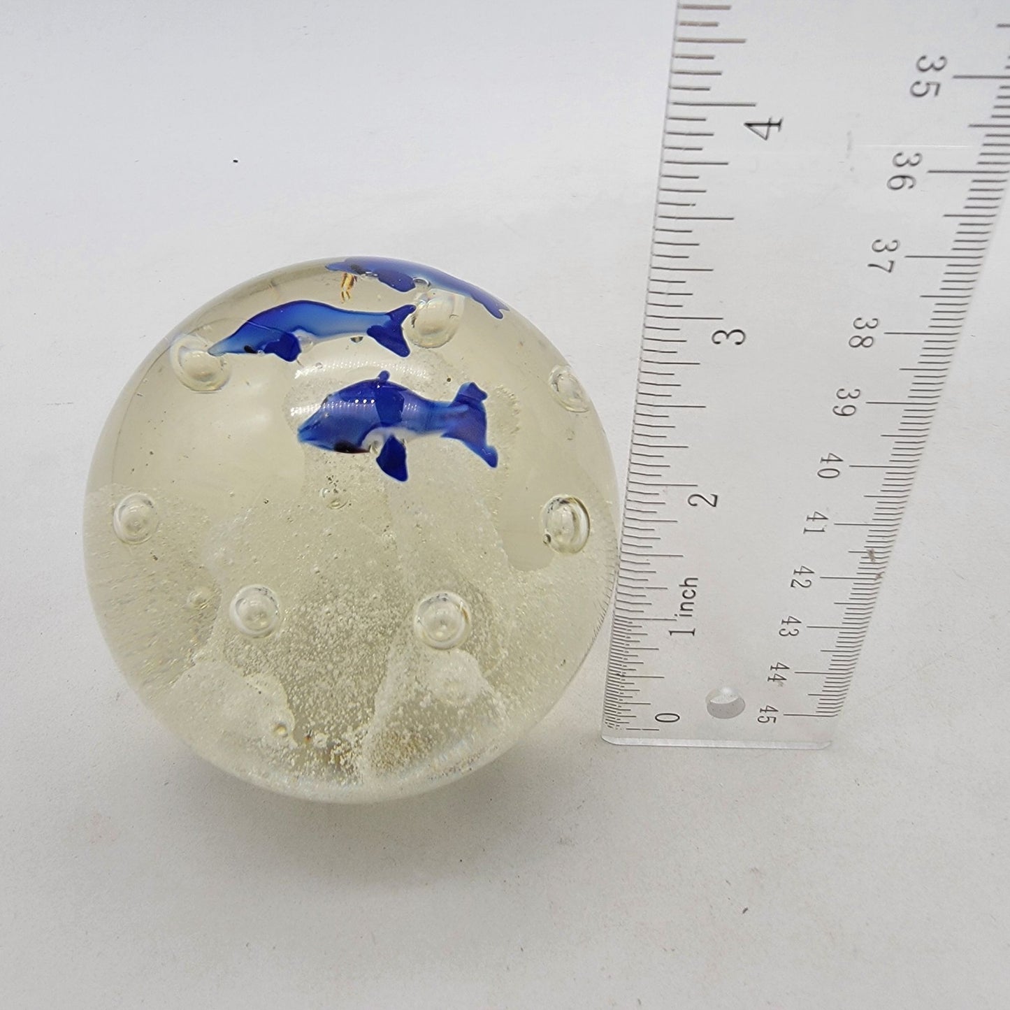Vintage Art Glass Blue Dolphin Paperweight With Controlled Bubbles