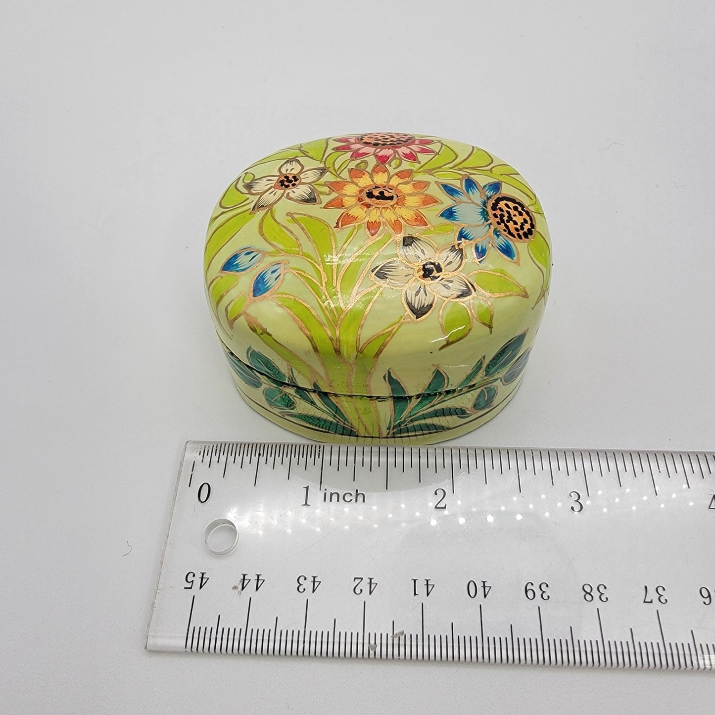Vintage Kashmir India Lacquered Trinket Box Wildflowers