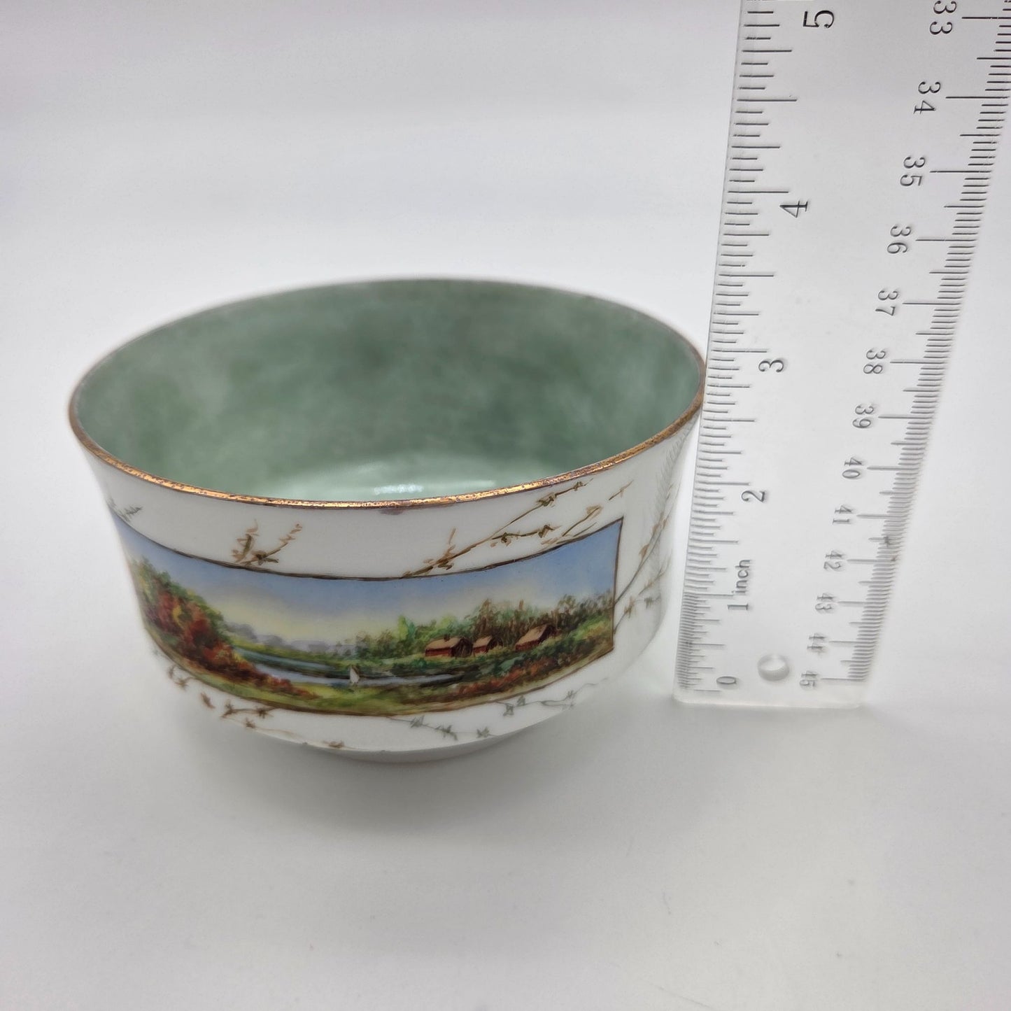 Vintage Hand Painted Porcelain Bowl Cabin Scene & Birds In Flight