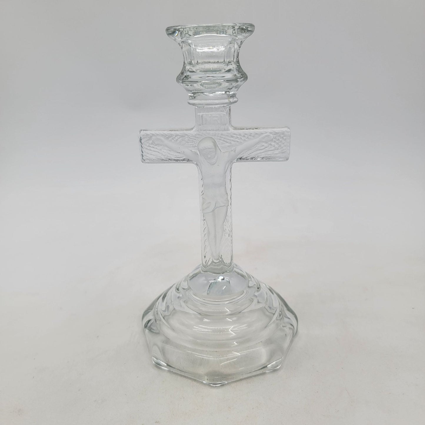 Vintage Pressed Glass Crucifix Cross Candle Holder