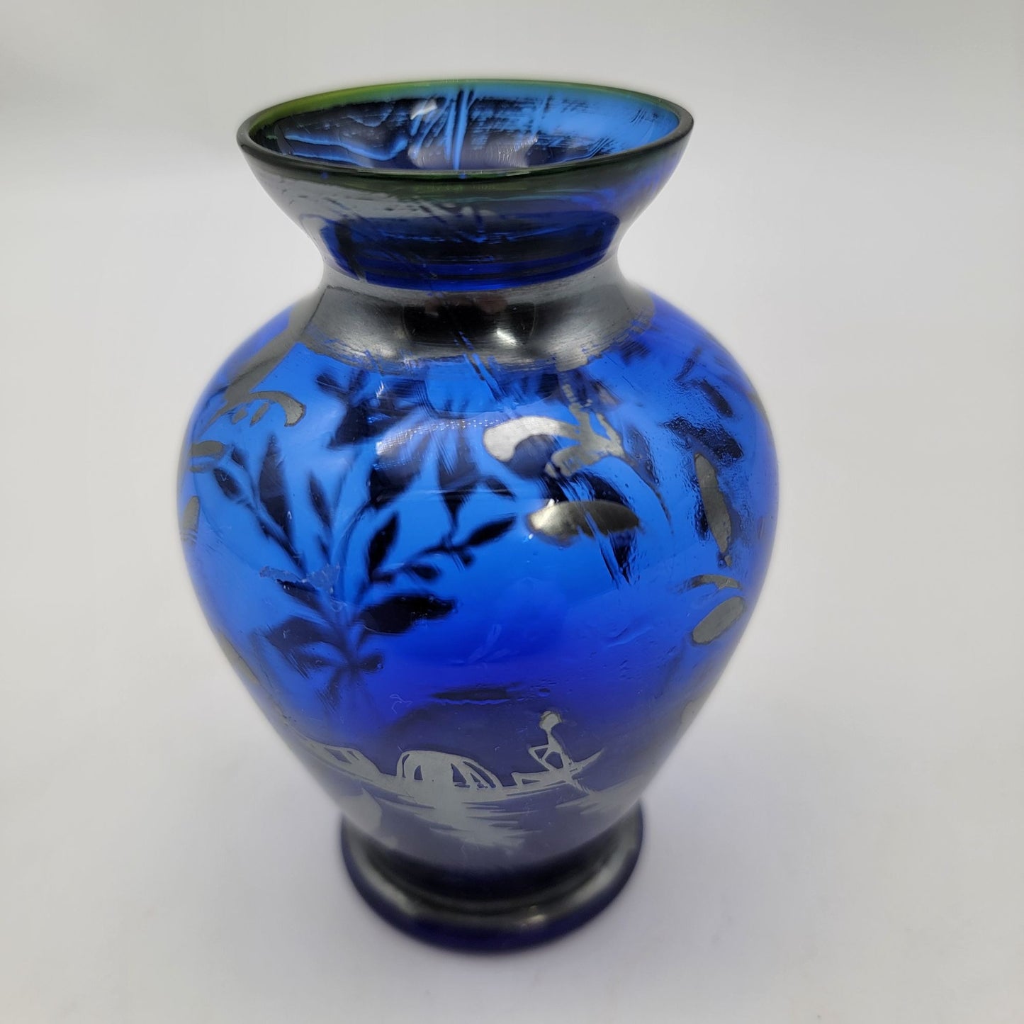 Vintage Cobalt Blue Glass Vase With Silver Overlay