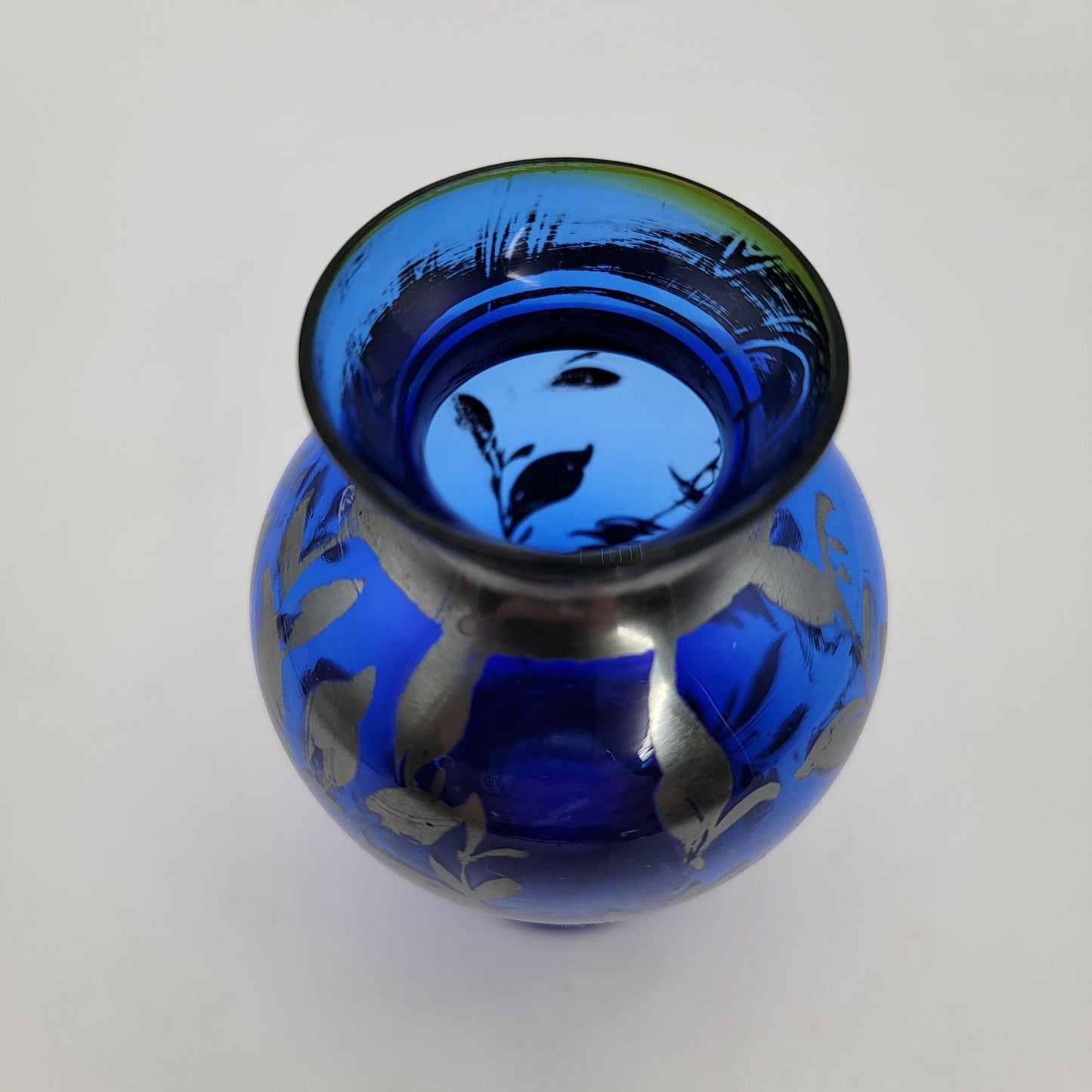 Vintage Cobalt Blue Glass Vase With Silver Overlay