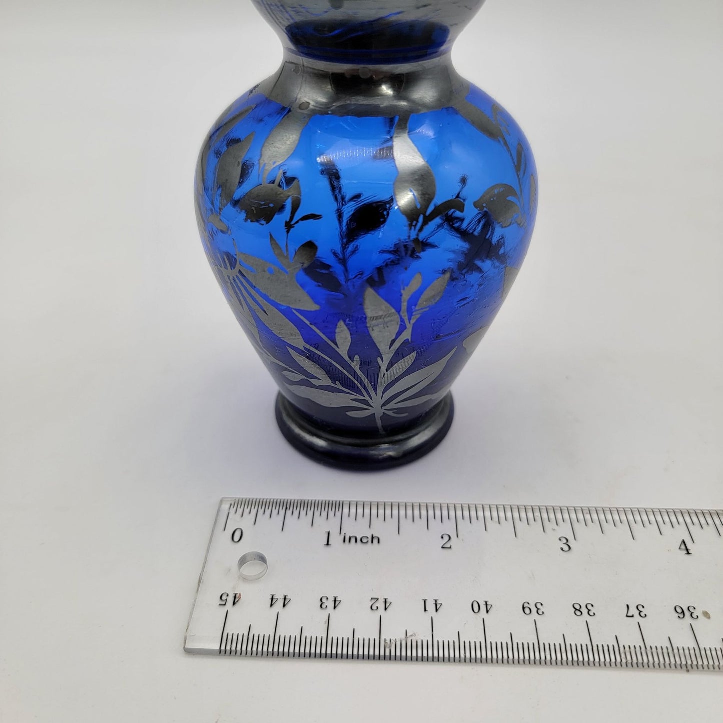 Vintage Cobalt Blue Glass Vase With Silver Overlay