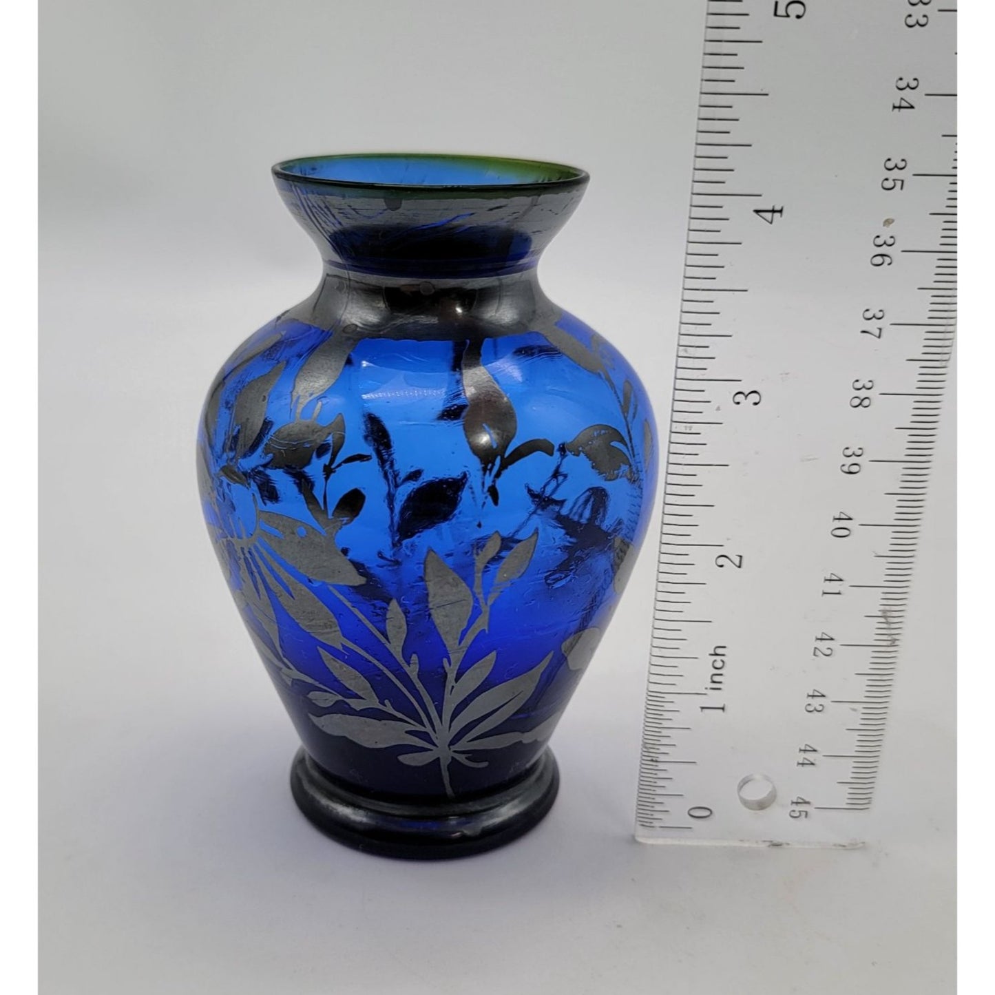 Vintage Cobalt Blue Glass Vase With Silver Overlay