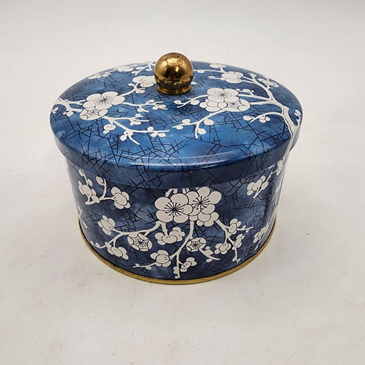 Vintage Daher England Tin Box With Lid Blue & White Blossom