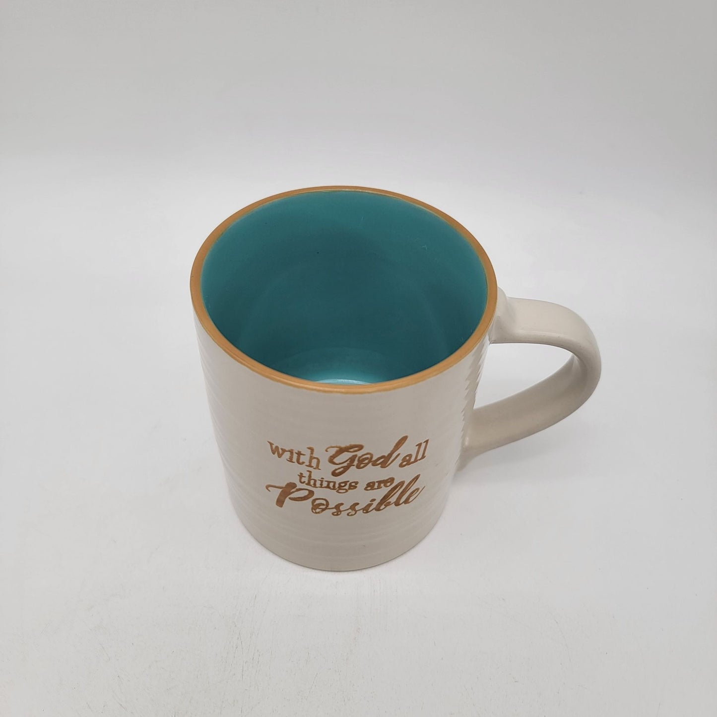 Inspirational Coffee Mug With Quote "With God All Things Are Possible" White & Teal