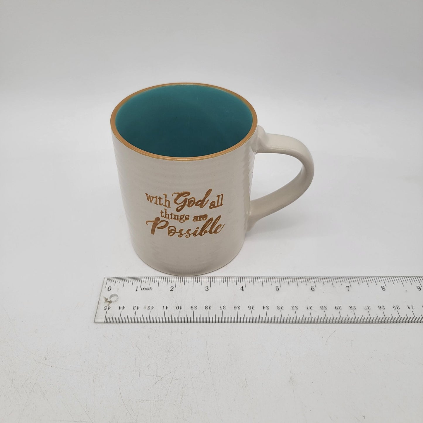 Inspirational Coffee Mug With Quote "With God All Things Are Possible" White & Teal