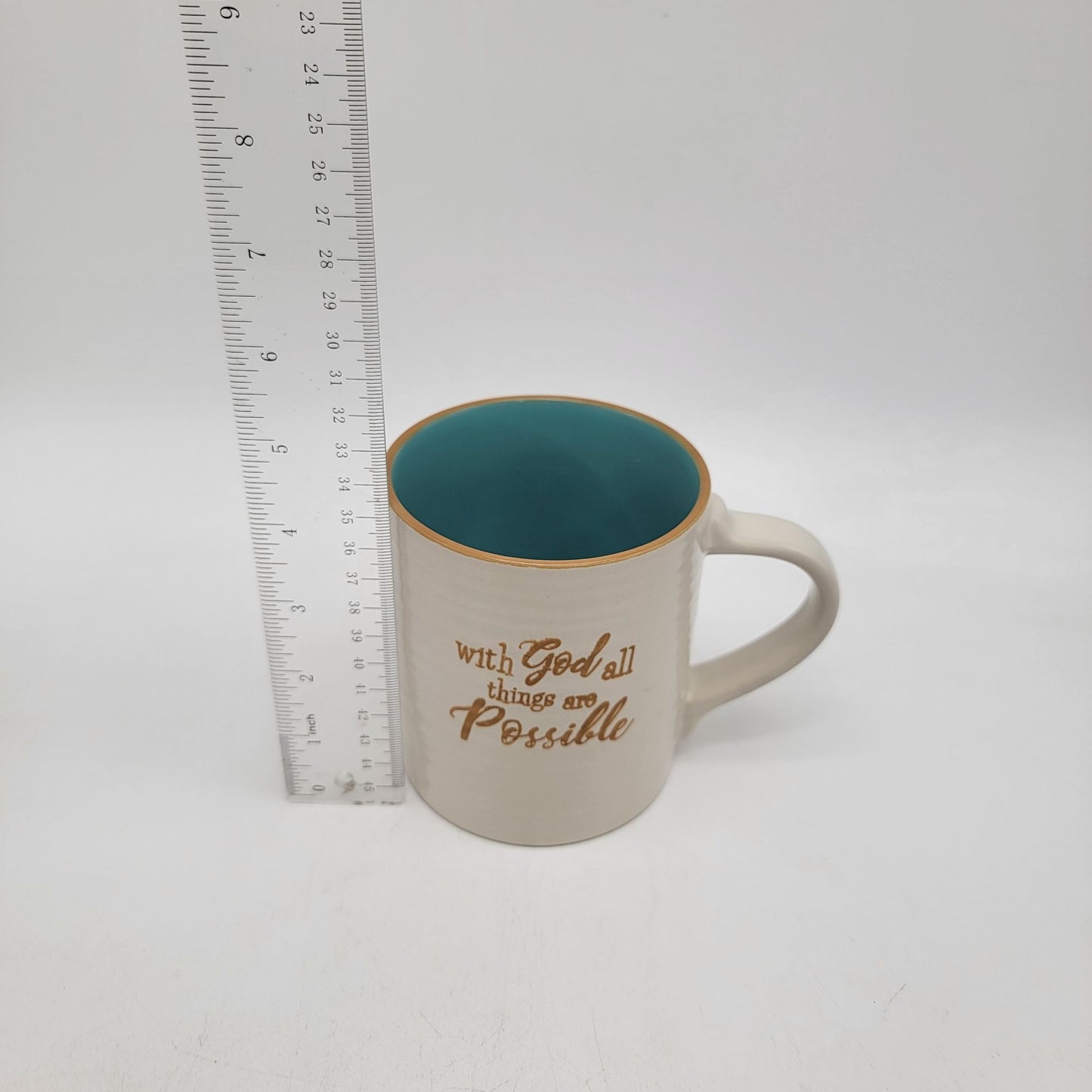 Inspirational Coffee Mug With Quote "With God All Things Are Possible" White & Teal