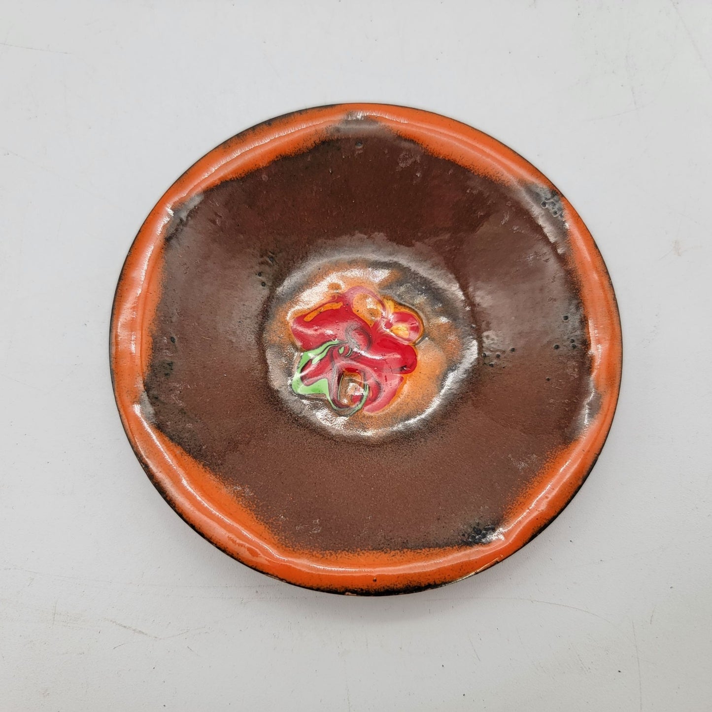 1970's Vintage Handcrafted Signed Enamel on Copper Dish