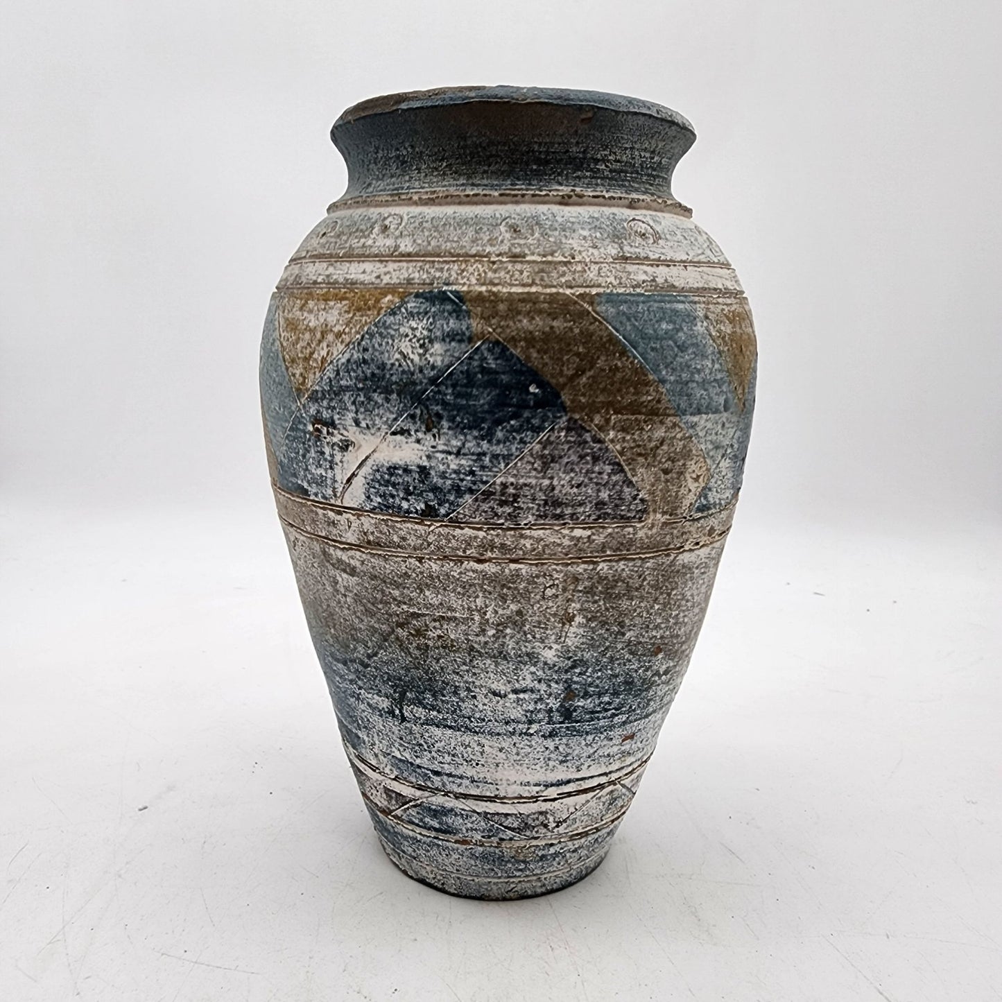 Vintage Hand-Painted Earthenware Vase With Geometric Patterns