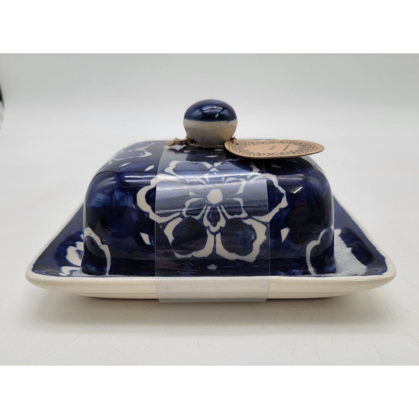 Blue & White Floral Ceramic Butter Dish With Lid