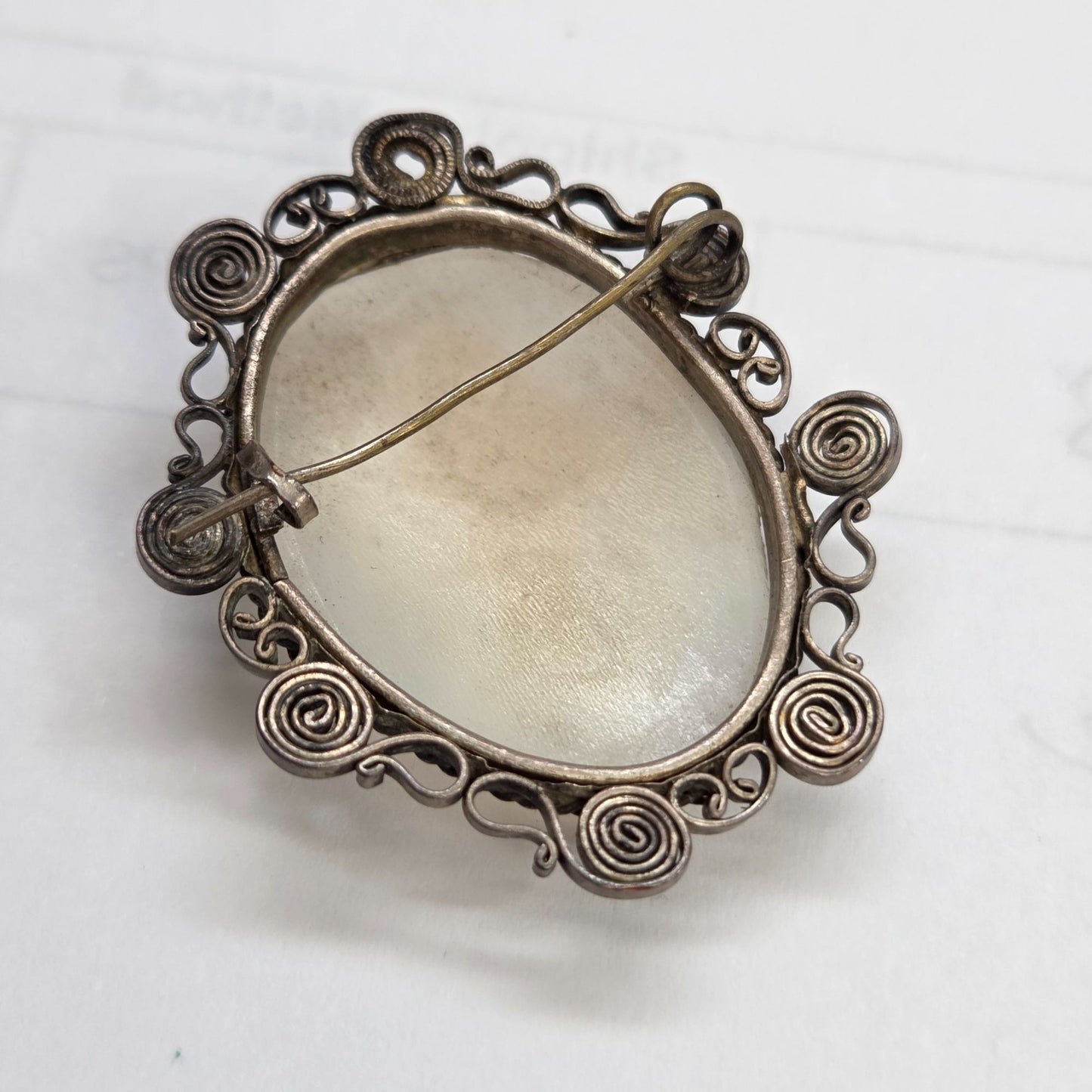 Antique 800 Silver Sardonyx Shell Cameo Pin/Brooch With Etruscan Revival Swirls