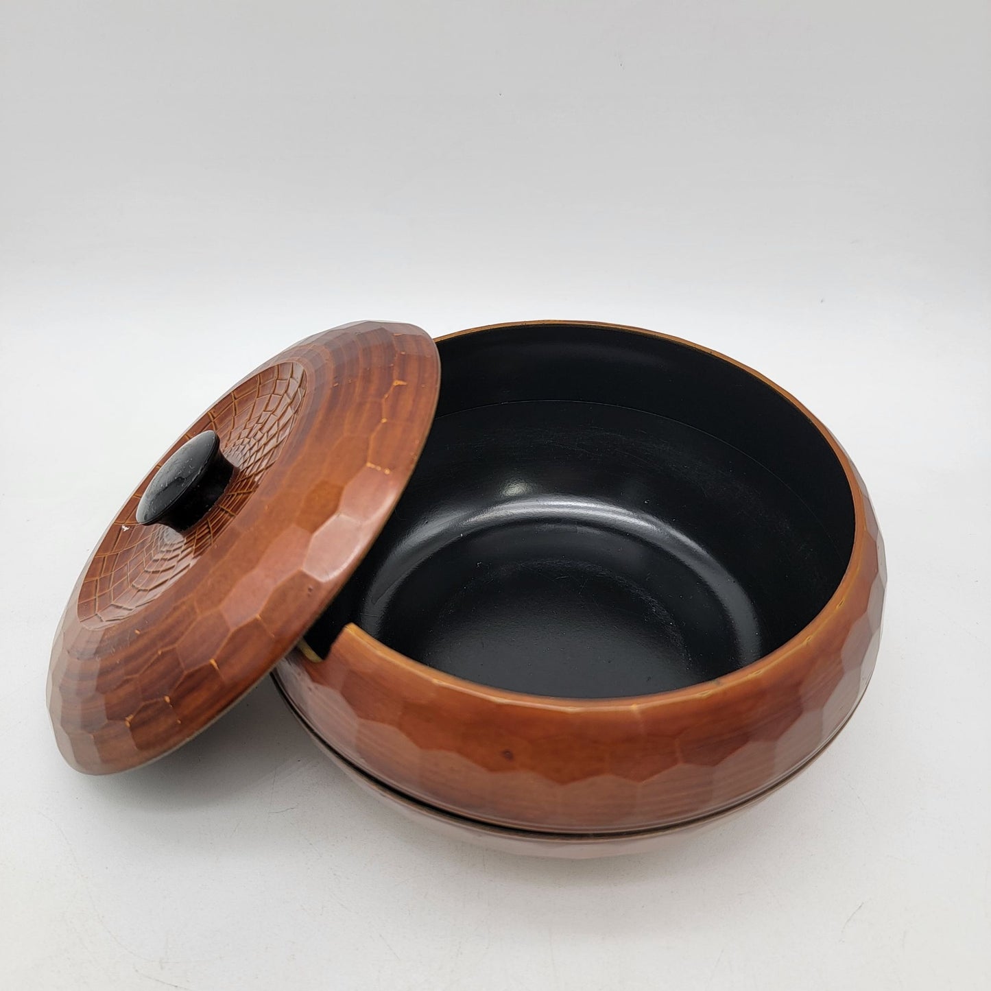 Vintage Japanese Rice Server Bowl w/ Lid Hand Carved Honeycombed Wood Lacquered