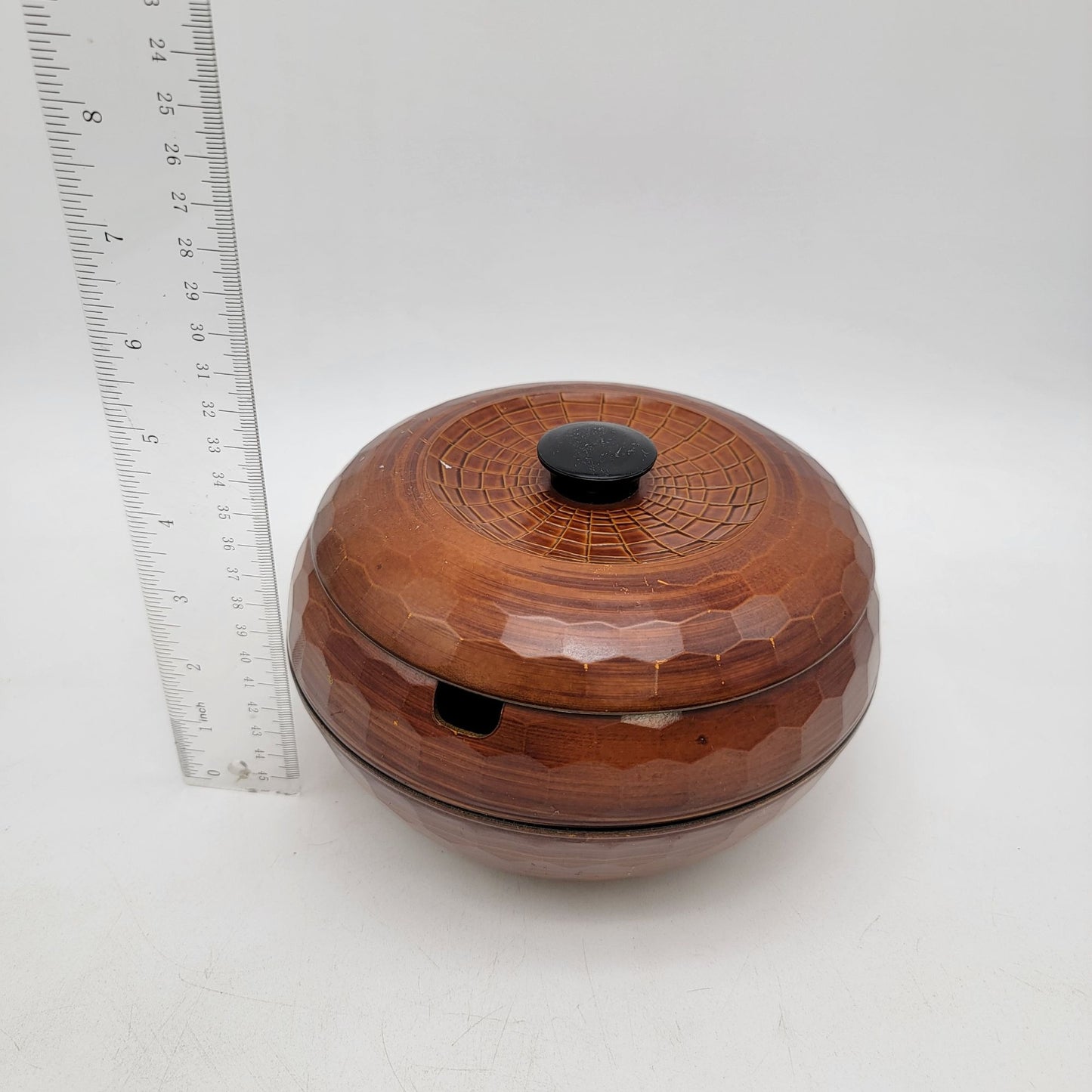 Vintage Japanese Rice Server Bowl w/ Lid Hand Carved Honeycombed Wood Lacquered